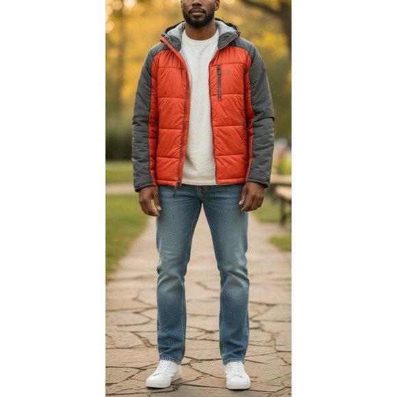 L.L. Bean Packaway Hooded Jacket Men’s Large Orange Gray Full Zip Nylon Puffer - Picture 8 of 9